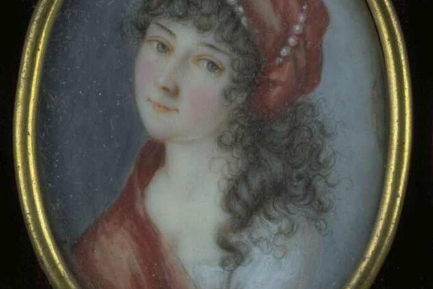  Portrétní miniatura malířka s červeným šálem a perlami, Vídeň, 1798, akvarel a kvaš na slonovinové podložce, součást tabla s portrétními miniaturami, NPÚ, ÚPS v Českých Budějovicích, Mobiliární fond kláštera Plasy, inv. č. PY 1792c.