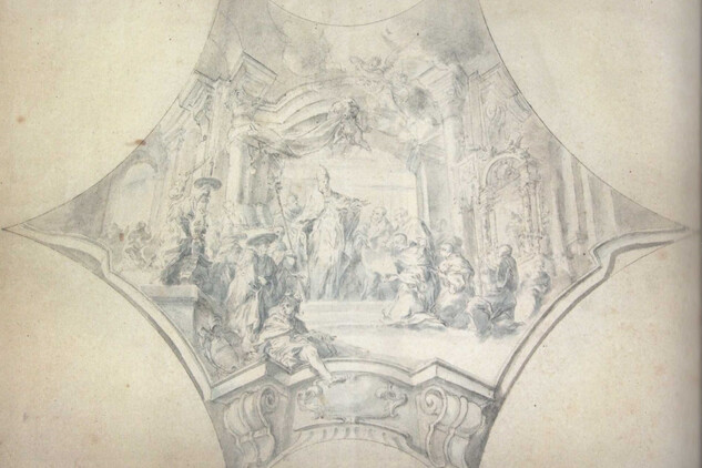 Papež Alexandr III. prohlašuje Bernarda z Clairvaux za svatého, 1735, kresba perem a štětcem, 392x514 mm, sign. 62/49.  Kresba je předlohou pro nástropní fresku v JZ rohu ambitové chodby před vstupem do kaple sv. Bernarda.