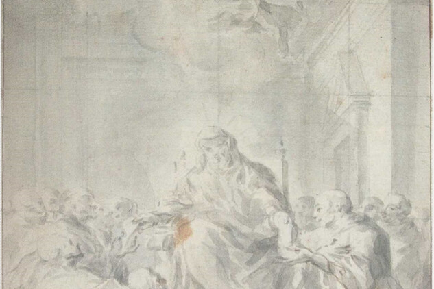 Svatý Benedikt předává mnichům svou řeholi, 1730, kresba štětcem, 279x152 mm,   sign. 62/31.  Originální olejomalba (inv. č. PY 267) byla zřejmě určena pro prostor noviciátní kaple  v přízemí plaského konventu. V současné době je obraz prezentován v kapitulní síni v prvním patře.