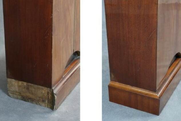 Stav před a po restaurování: Detail – chybějící část soklu na levé straně